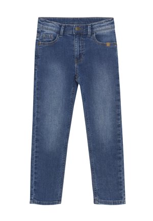 Denim-Jeans in einer mittelblauen Waschung, mit geradem Schnitt, fünf Taschen-Design und kontrastierenden Nähten. Mit einem Knopfverschluss an der Taille.