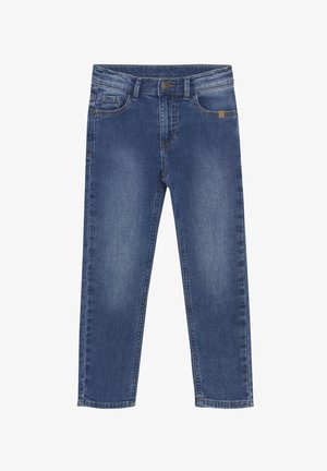 Denim-Jeans in einer mittelblauen Waschung, mit geradem Schnitt, fünf Taschen-Design und kontrastierenden Nähten. Mit einem Knopfverschluss an der Taille.