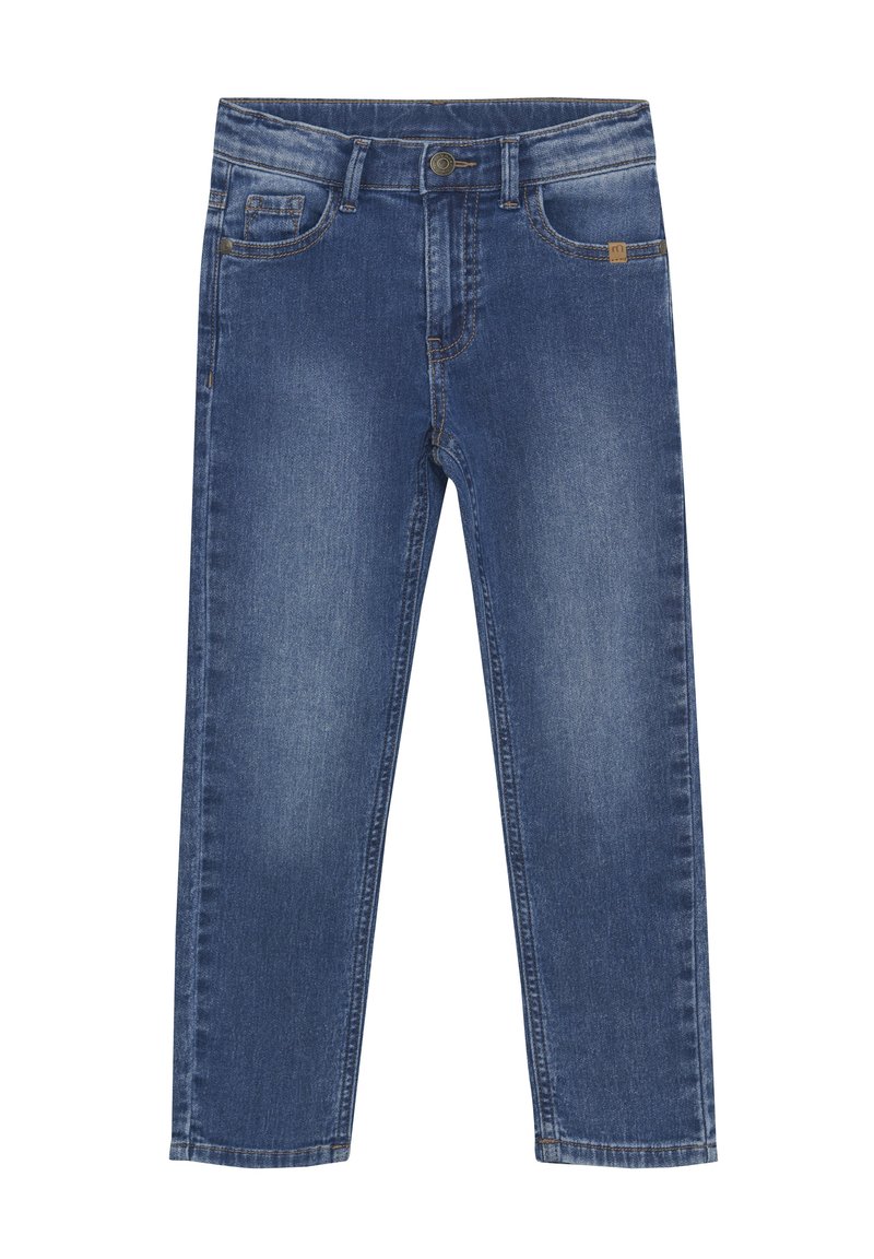 Jeans i denim med en medelblå tvätt, med rak skärning, femfickorsdesign och kontrasterande sömmar. Inkluderar en knappstängning i midjan.