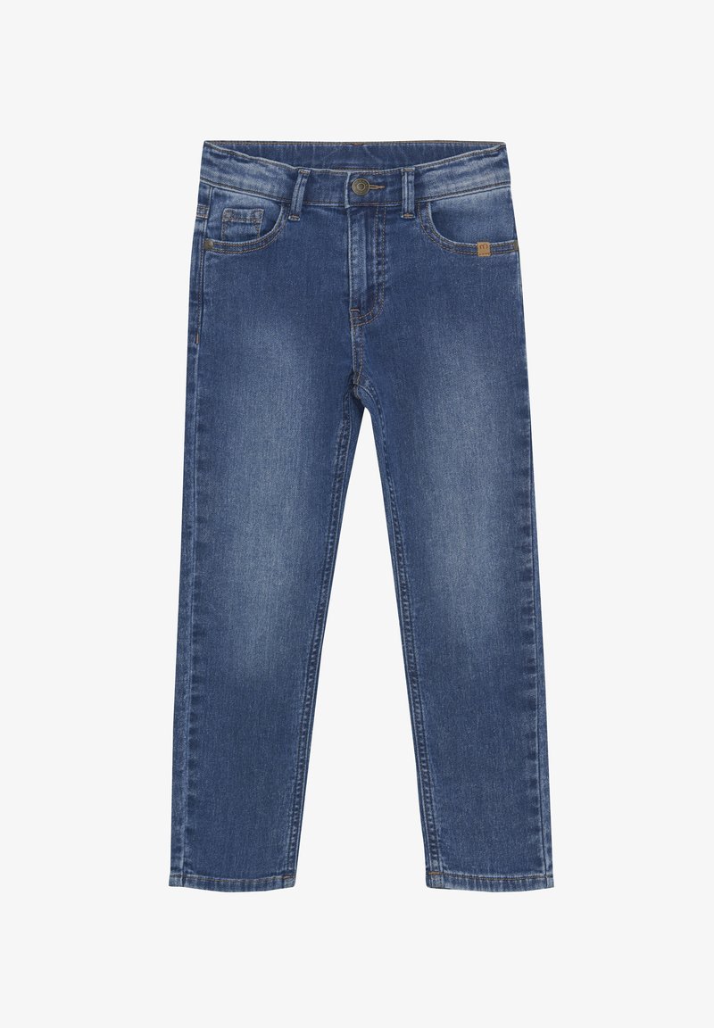 Dżinsy w średnim odcieniu, w prostej kroju, z pięcioma kieszeniami i kontrastowym stębnowaniem. Zapięcie na guzik w talii.