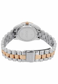 Edelstahlarmbanduhr mit Silber- und Roségold-Band, runder Gehäuseform und Krone. Verfügt über eine polierte Oberfläche mit gebürstetem Finish auf den Gliedern.