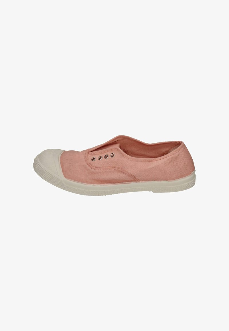Canvas slip-on shoe in soft pink with elastic side accents, white rubber toe cap and sole, featuring metal eyelets for ventilation.