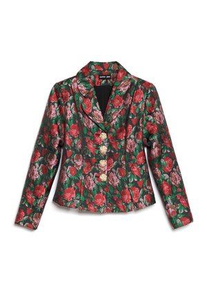 Grüner Blazer mit roten und rosa Rosen, ausgestattet mit einem Reverskragen und sechs goldenen Knöpfen. Glatter Stoff mit figurbetonter Passform.
