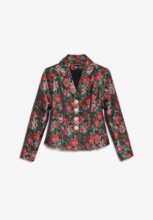 Floral blazer in green with red and pink roses, featuring a notched collar and six gold buttons. Smooth fabric with a tailored fit.