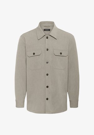 Bež pikepikkidega pikkade varrukatega särk, millel on terav kaelus, kaks nupuga klapiga rinda ja tumesinised nupud ees.