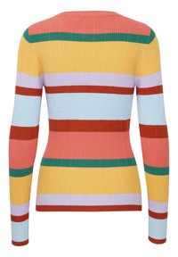 Pull côtelé à manches longues avec des rayures horizontales en corail, vert, jaune, lavande, rouille et bleu clair, vu de dos.