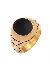 Anello in tono oro con una grande pietra nera al centro, con una finitura liscia e intricate linee nere lungo il band.