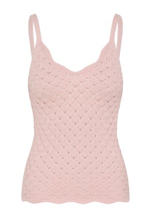 Világos rózsaszín kötött ujjatlan felső, gyémánt alakú áttört mintával és vékony vállpántokkal.