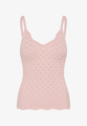 Világos rózsaszín kötött ujjatlan felső, gyémánt alakú áttört mintával és vékony vállpántokkal.