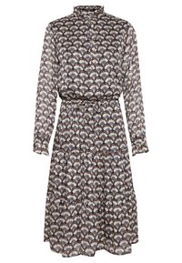 Robe midi à manches longues avec col montant, ceinture élastique à la taille et motif géométrique répétitif en forme d’éventail dans des tons neutres.