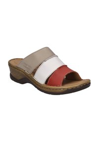 Open-toed slide sandal featuring a tan, white, and red leather upper with stitched detailing and a textured brown sole.