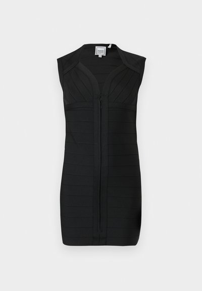 Czarna, bezrękawnikowa sukienka typu bandage z suwakiem z przodu, dekoltem w kształcie litery V, zbudowanym biustem i dopasowaną sylwetką.