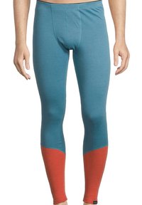 Leggings da uomo in teal con dettagli rossi sulla parte inferiore delle gambe. Realizzati in un materiale morbido ed elastico con un design aderente e una superficie liscia.