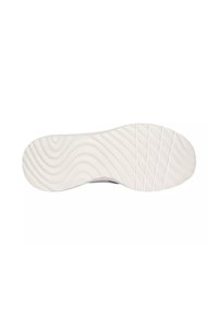 Suola di scarpa bianca con modelli di battistrada ondulati e dritti, mostrata dal basso su uno sfondo bianco semplice.