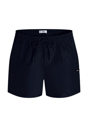 Marineblaue Badehosen aus leichtem Material mit einem elastischen Bund, verstellbarem Kordelzug und einem kleinen Logo-Patch an der Seite.