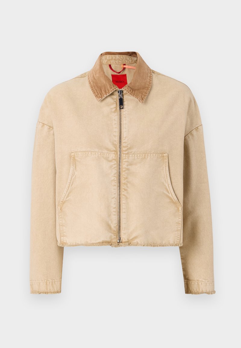 Beige cropped jack met een corduroy kraag, een rits aan de voorkant en twee grote zakken; heeft een soepele textuur en een rafelige zoom.