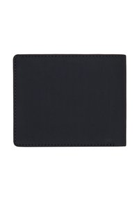 Portefeuille en cuir noir à texture lisse, de forme rectangulaire et au design minimaliste. Présente des coutures discrètes le long des bords.