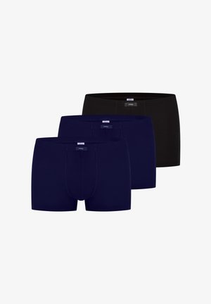 Trois boxers moulants pour hommes en bleu foncé et noir, disposés en rangées superposées, montrant un devant avec braguette et une ceinture élastique avec de petites étiquettes.