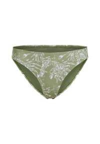 Zelené bikiny s bielym abstraktným vzorom. Vyrobené z hladkého materiálu s priliehavým strihom a elastickým pásom.