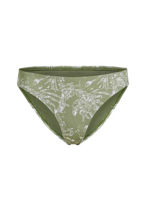 Žalias bikini apatinis trikotažas, puoštas baltu abstrakčiu raštu. Pagamintas iš sklandžios medžiagos, puikiai priglundančios prie kūno, su elastinga juosmens juosta.