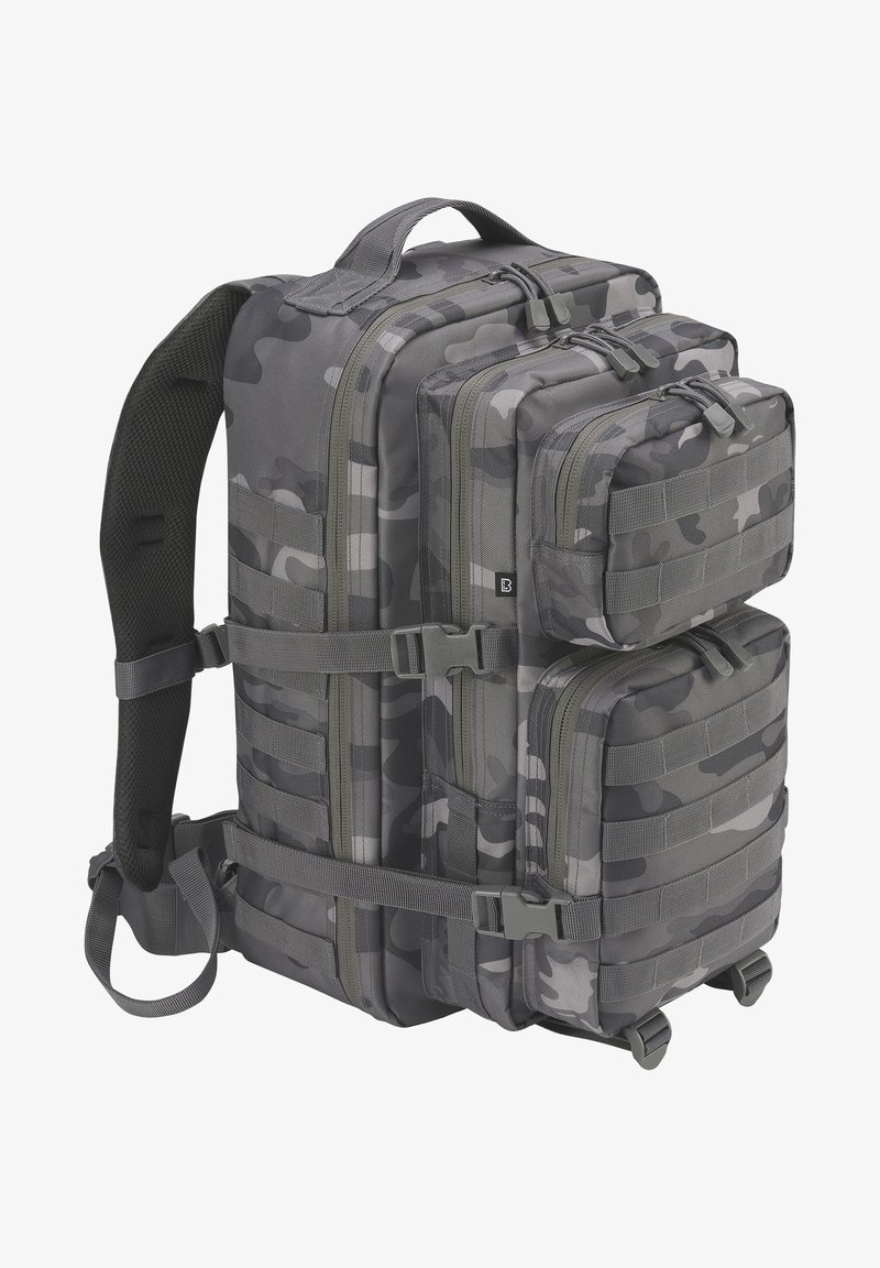 Camouflage backpack in gray tones; features multiple compartments, durable fabric, adjustable straps, and textured back panel.