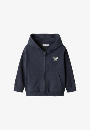 Marine blauwe rits hoodie gemaakt van zachte stof, met een voorpand vlinderlogo, twee voorzakken en een comfortabele capuchon met geribde manchetten.