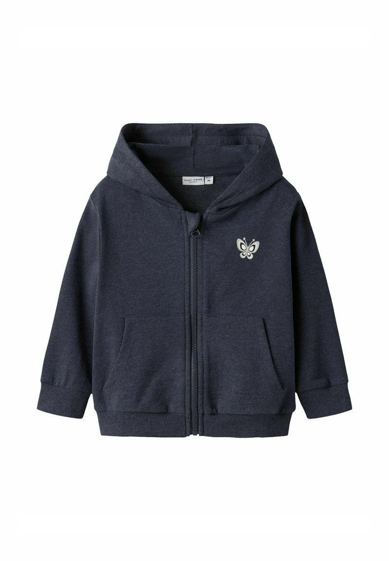 Hoodie zippé bleu marine en tissu doux, avec un logo papillon sur le devant, deux poches avant et une capuche confortable avec des poignets côtelés.