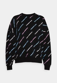 Felpa nera con testo ripetuto in rosa, blu e bianco, con collo rotondo, maniche lunghe e una vestibilità rilassata.