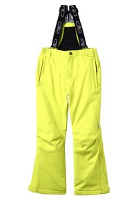 Pantalons de ski jaunes lumineux avec bretelles noires réglables, poches latérales zippées et design évasé pour une grande liberté de mouvement.