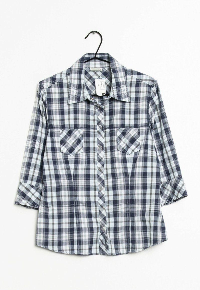 Checkered button-up shirt in navy and gray tones, featuring a pointed collar, two chest pockets, and three-quarter sleeves.