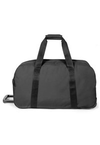 Sac de voyage noir en forme rectangulaire, fabriqué dans un tissu résistant, doté de deux poignées supérieures et d'une poignée télescopique.