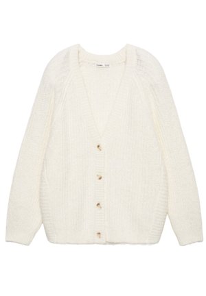 Krém színű, kötött kardigán V-nyakkivágással, hosszú ujjakkal és öt gombos záródással. Texturált mintázattal és bordázott szegéllyel rendelkezik.