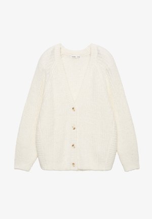 Krém színű, kötött kardigán V-nyakkivágással, hosszú ujjakkal és öt gombos záródással. Texturált mintázattal és bordázott szegéllyel rendelkezik.