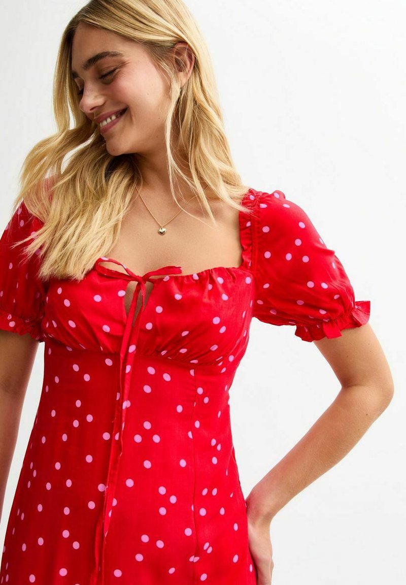 New Look POLKA DOT MILKMAID MIDI - Day dress - red pattern/mottled red -  Zalando