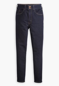 Pantalones vaqueros de mezclilla azul oscuro con cintura alta, dos bolsillos frontales y cierre de botón. Presentan costuras naranjas y un diseño de corte ajustado.