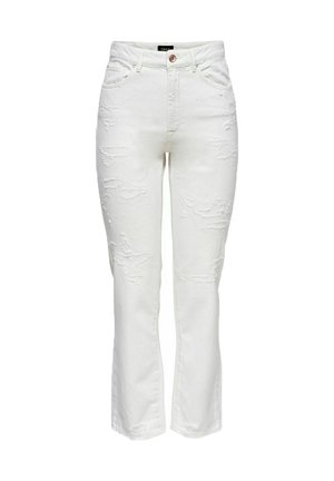 Witte spijkerbroek met een rechte pijpdesign, voorzien van verweerde details, vijf-pocket styling en een knoopsluiting in de taille.