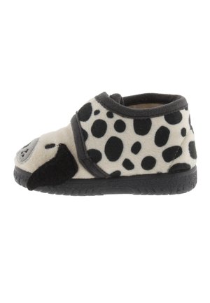 Morbida pantofoletta per bambini con motivo a cagnolino dalmata bianco e nero, dotata di orecchie e volto di cane sulla punta e cinturino con chiusura a strappo.