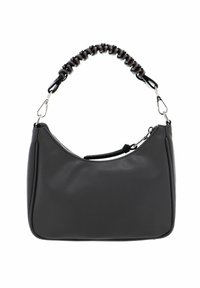 Sac à main en similicuir noir avec une forme incurvée, une anse froncée et des accessoires argentés. Dispose d'une fermeture éclair avec une petite lanière.