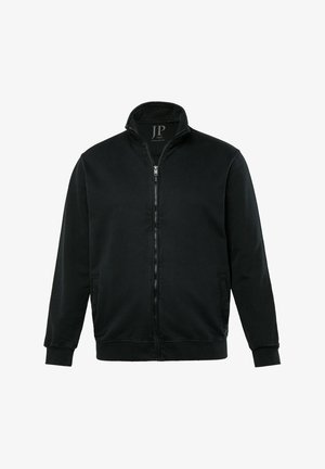 Schwarze Zip-Jacke aus weichem Stoff, mit hohem Kragen, Seitentaschen und gerippten Bündchen. Einfaches, minimalistisches Design.