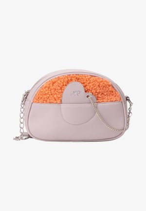 Light gray faux leather crossbody bag with fluffy orange material on top, rounded shape, silver chain strap, and heart-shaped accents.