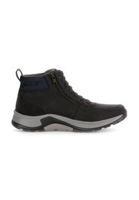 Botas de tobillo de cuero negro con detalles de textil, cierre de cremallera y suela de goma gris. Presentan un collar acolchado y una parte superior texturizada.