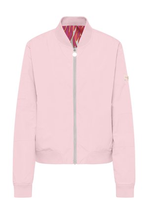 Lichtroze bomberjack met een zilveren rits aan de voorkant en geribbelde kraag, manchetten en zoom, met een kleurrijke, patroonrijke binnenvoering.