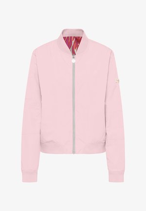 Jasnoróżowa kurtka bomberka z przednim srebrnym zamkiem błyskawicznym oraz ściągaczami na kołnierzu, mankietach i spodzie, z kolorową, wzorzystą podszewką.