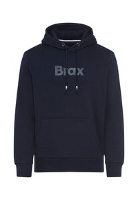 Felpa blu navy realizzata in tessuto morbido, con tasca frontale, cordini regolabili e un grande logo grigio "Brax" sul petto.