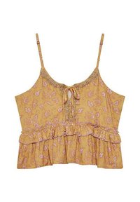Top corto floral amarillo con tirantes ajustables, dobladillo con volantes y un lazo en la parte delantera, que presenta una textura de algodón suave y un detallado intrincado.