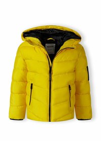 Doudoune jaune avec capuche, présentant un design matelassé horizontal, fermeture éclair noire et poches latérales. Intérieur doublé en noir.
