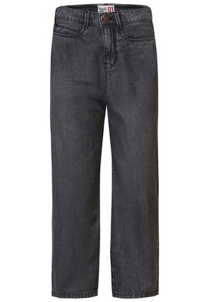Ciemnoszare dżinsy o prostym kroju. Wyróżniają się zapięciem na guzik, szlufkami na pasek oraz subtelnymi przeszyciami na kieszeniach.