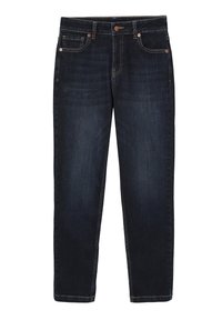 Sötétkék farmernadrág egyenes szárú szabással, öt zsebbel és kontrasztos, világosbarna varrással a varratok és zsebek mentén.