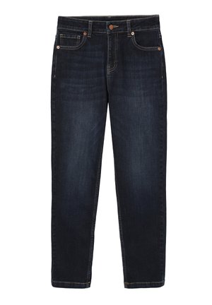 Sötétkék farmernadrág egyenes szárú szabással, öt zsebbel és kontrasztos, világosbarna varrással a varratok és zsebek mentén.