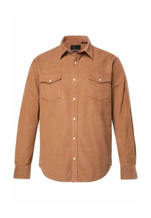 Brown corduroy shirt with a button front, pointed collar, two chest pockets, and long sleeves featuring button cuffs. Textured fabric.